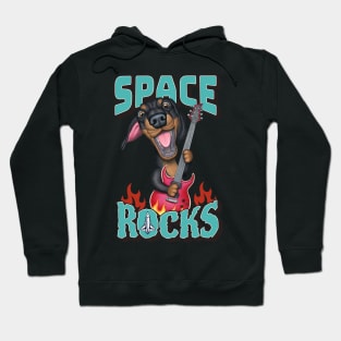 Fun Doxie Dog with guitar on a Dachshund Space Rocks tee Hoodie